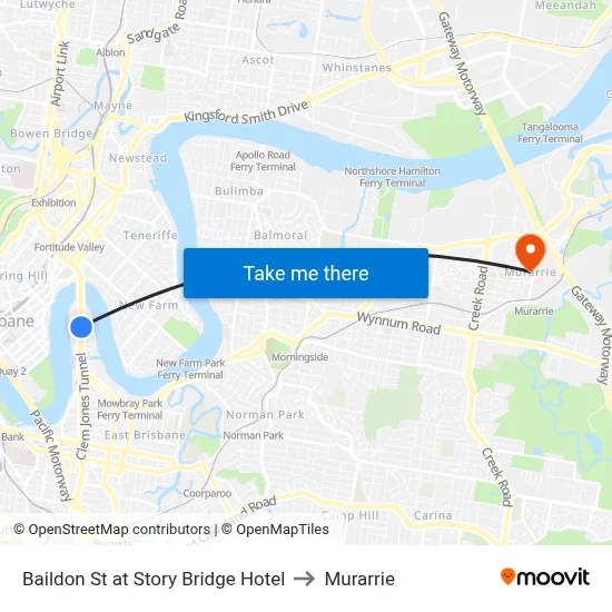 Baildon St at Story Bridge Hotel to Murarrie map
