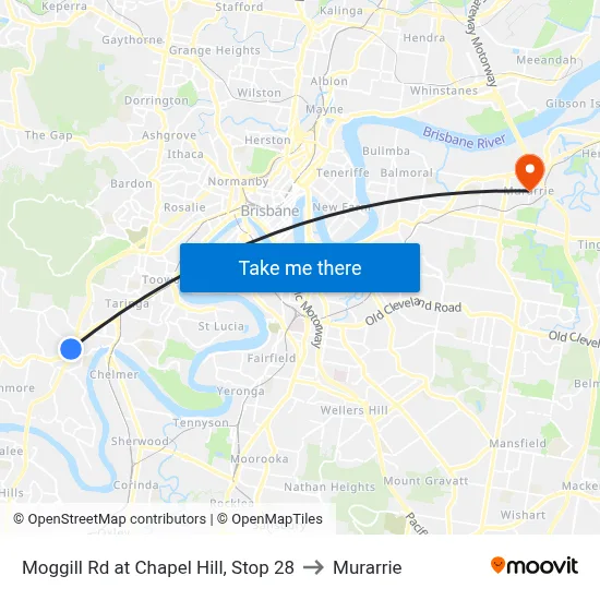 Moggill Rd at Chapel Hill, Stop 28 to Murarrie map