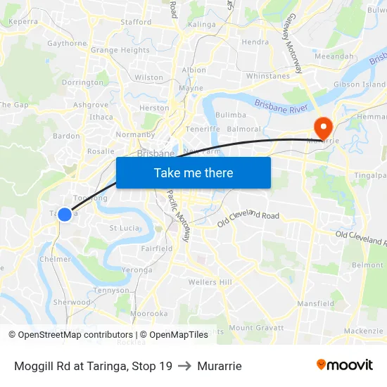 Moggill Rd at Taringa, Stop 19 to Murarrie map