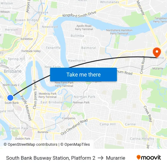South Bank Busway Station, Platform 2 to Murarrie map