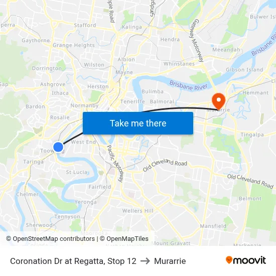 Coronation Dr at Regatta, Stop 12 to Murarrie map