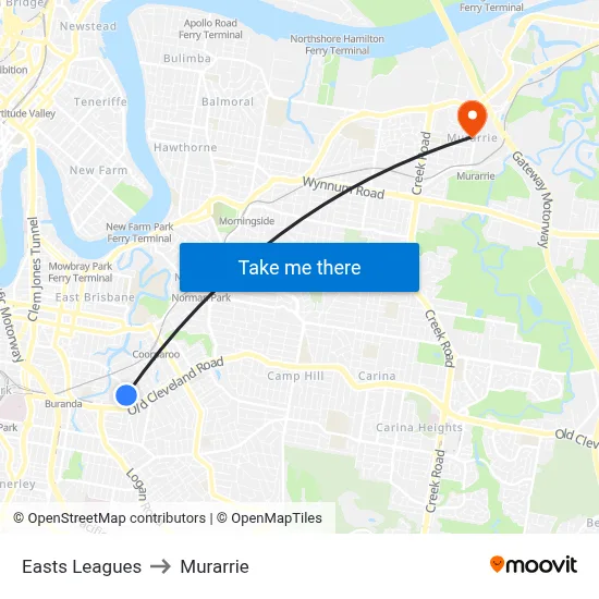 Easts Leagues to Murarrie map