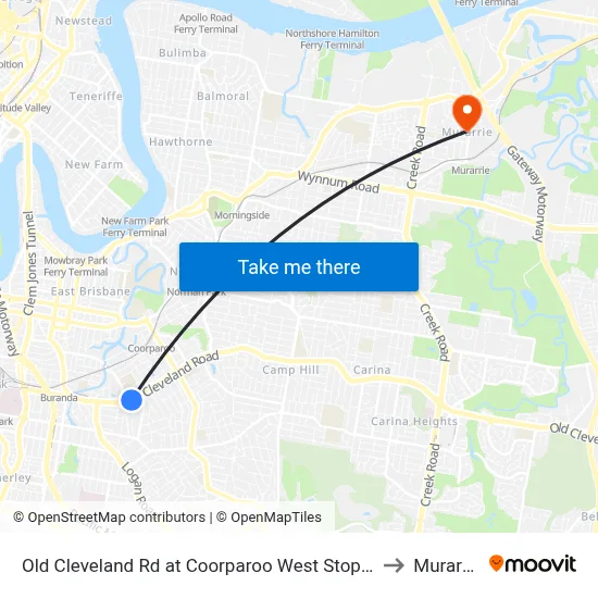 Old Cleveland Rd at Coorparoo West Stop 19 to Murarrie map