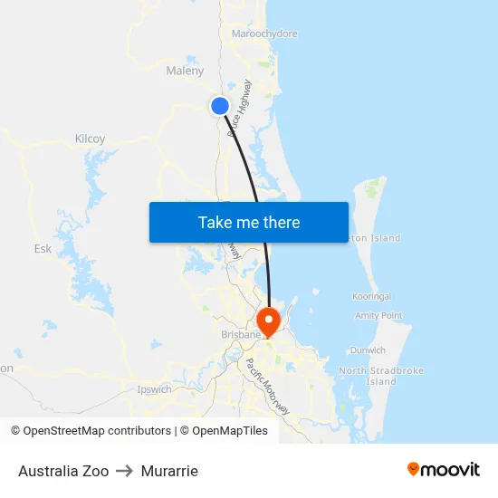 Australia Zoo to Murarrie map