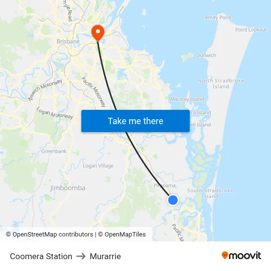 Coomera Station to Murarrie map
