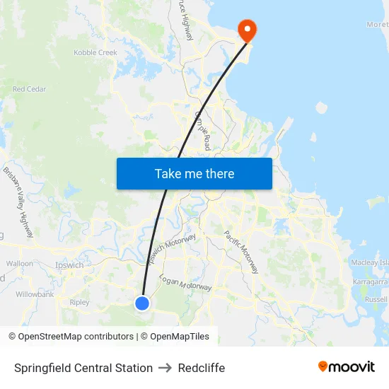 Springfield Central Station to Redcliffe map