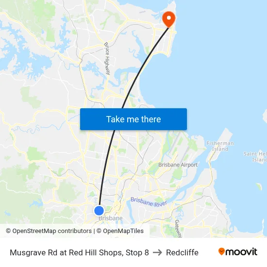 Musgrave Rd at Red Hill Shops, Stop 8 to Redcliffe map