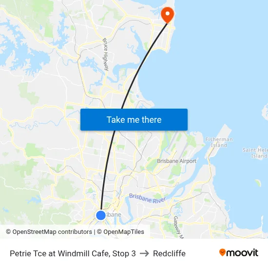 Petrie Tce at Windmill Cafe, Stop 3 to Redcliffe map