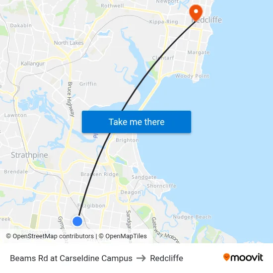 Beams Rd at Carseldine Campus to Redcliffe map