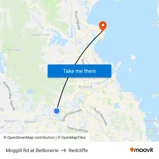 Moggill Rd at Bellbowrie to Redcliffe map