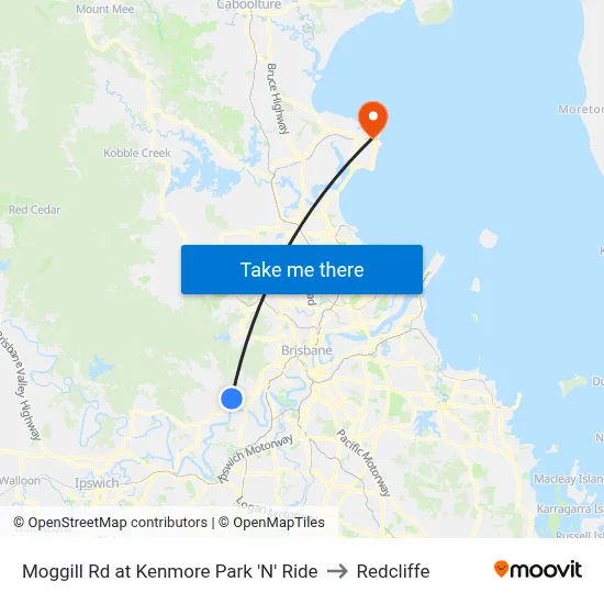 Moggill Rd at Kenmore Park 'N' Ride to Redcliffe map