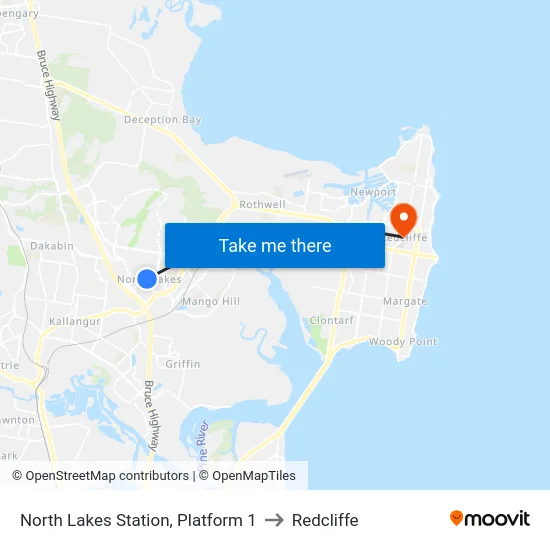 North Lakes Station, Platform 1 to Redcliffe map