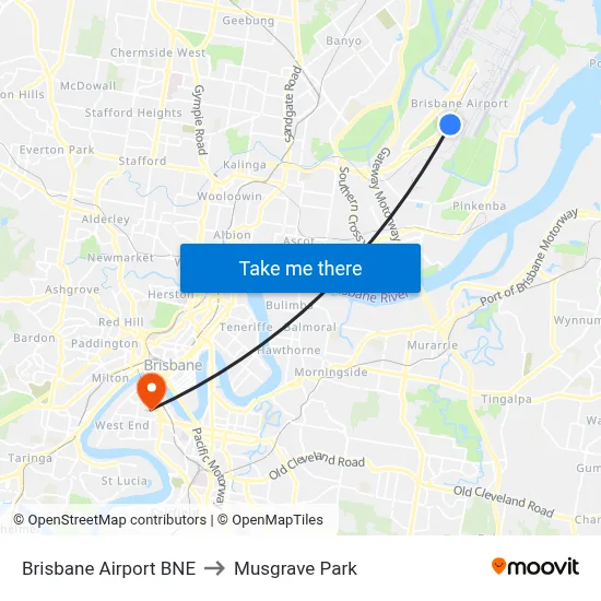 Brisbane Airport BNE to Musgrave Park map