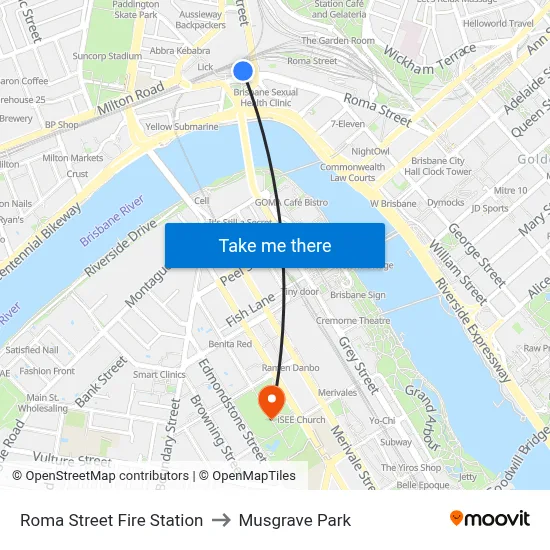 Roma Street Fire Station to Musgrave Park map