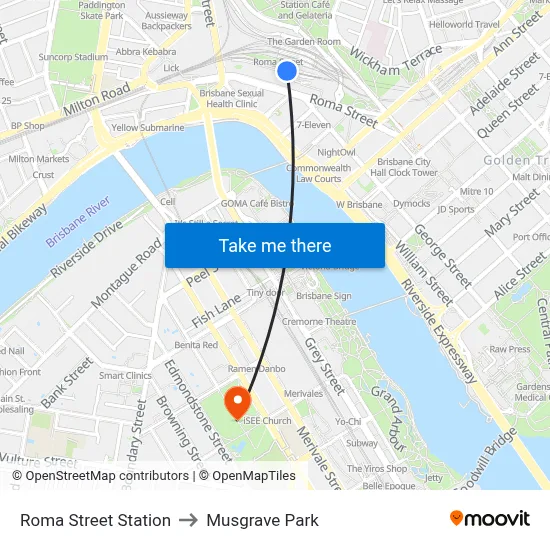 Roma Street Station to Musgrave Park map