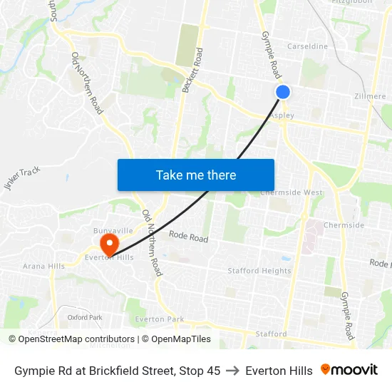 Gympie Rd at Brickfield Street, Stop 45 to Everton Hills map