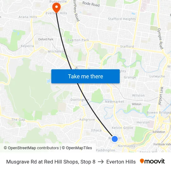 Musgrave Rd at Red Hill Shops, Stop 8 to Everton Hills map