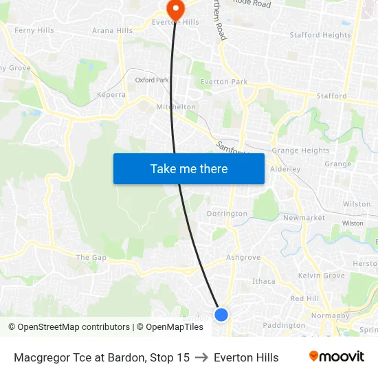 Macgregor Tce at Bardon, Stop 15 to Everton Hills map
