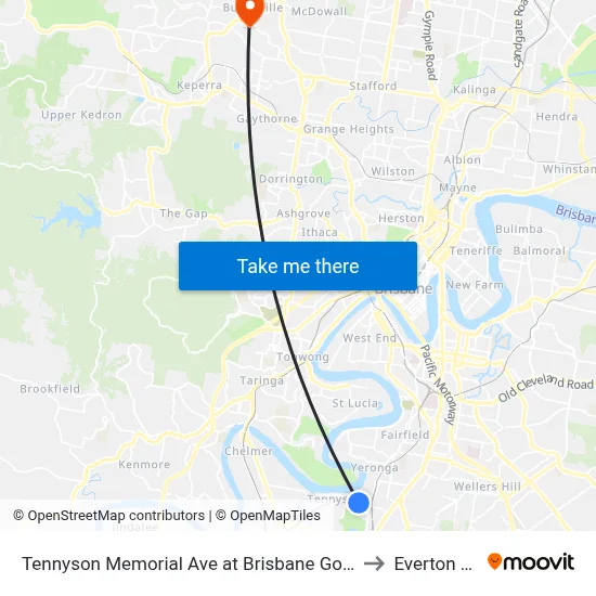Tennyson Memorial Ave at Brisbane Golf, Stop 36 to Everton Hills map