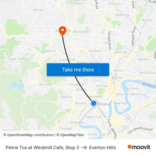 Petrie Tce at Windmill Cafe, Stop 3 to Everton Hills map