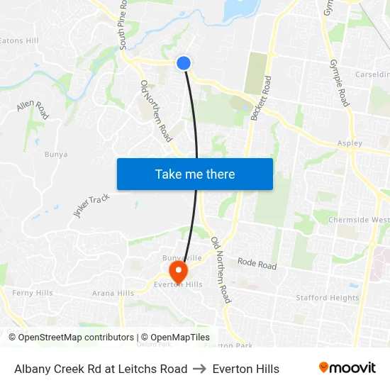 Albany Creek Rd at Leitchs Road to Everton Hills map