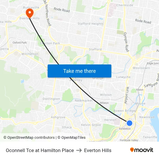 Oconnell Tce at Hamilton Place to Everton Hills map