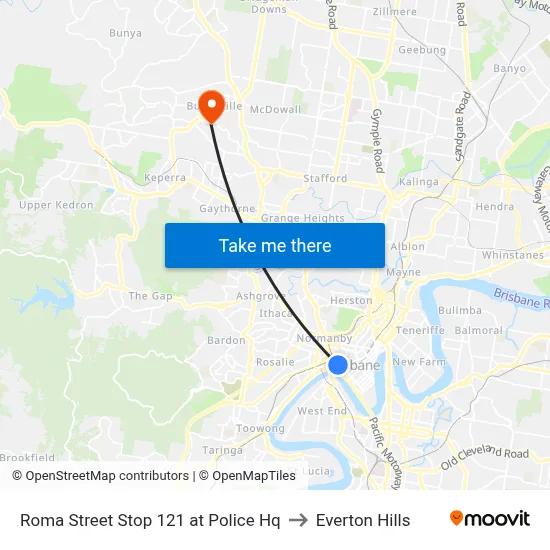 Roma Street Stop 121 at Police Hq to Everton Hills map