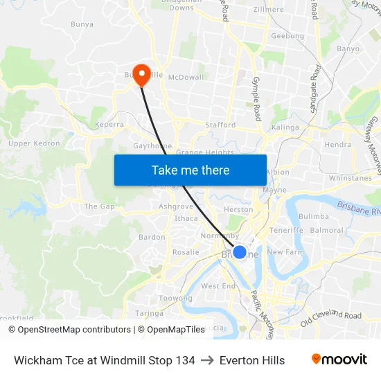 Wickham Tce at Windmill Stop 134 to Everton Hills map