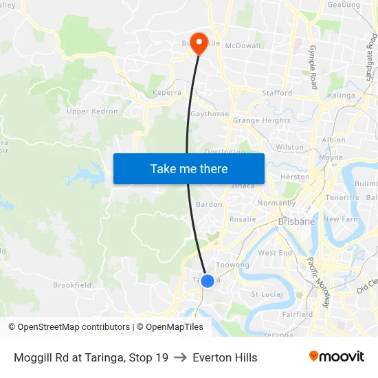 Moggill Rd at Taringa, Stop 19 to Everton Hills map