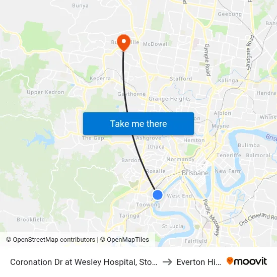 Coronation Dr at Wesley Hospital, Stop 9 to Everton Hills map