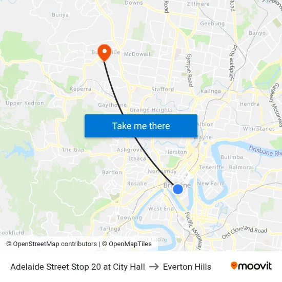 Adelaide Street Stop 20 at City Hall to Everton Hills map