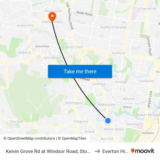 Kelvin Grove Rd at Windsor Road, Stop 16 to Everton Hills map