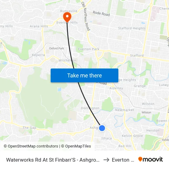 Waterworks Rd At St Finbarr'S - Ashgrove, Stop 16 to Everton Hills map