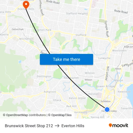 Brunswick Street Stop 212 to Everton Hills map