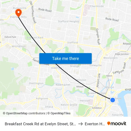 Breakfast Creek Rd at Evelyn Street, Stop 10 to Everton Hills map