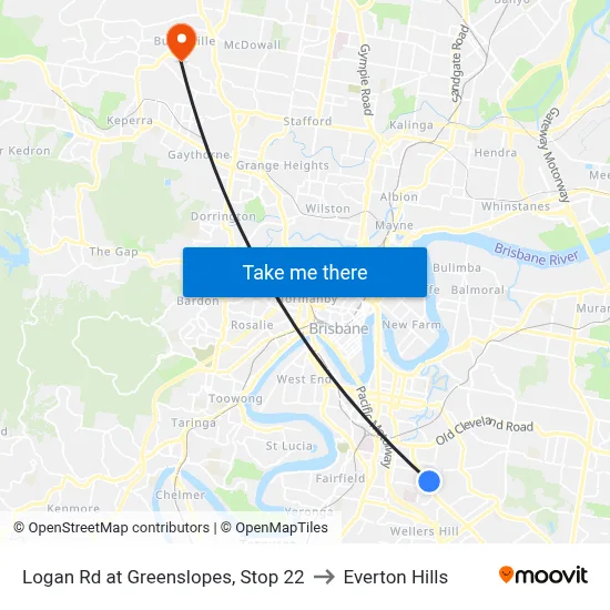 Logan Rd at Greenslopes, Stop 22 to Everton Hills map