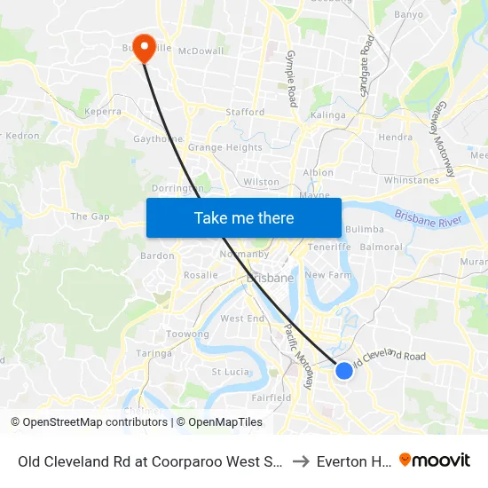 Old Cleveland Rd at Coorparoo West Stop 19 to Everton Hills map