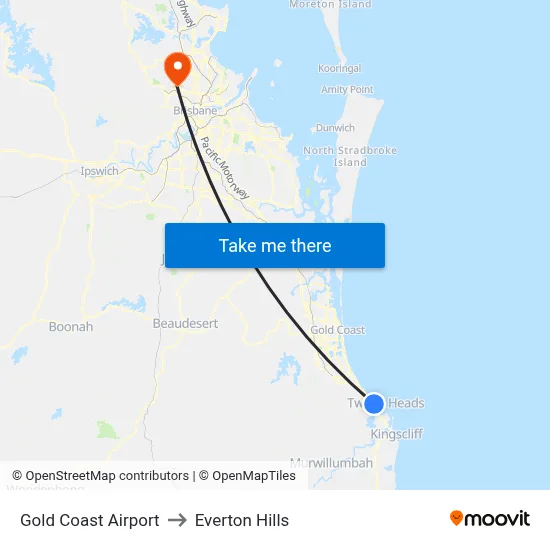 Gold Coast Airport to Everton Hills map