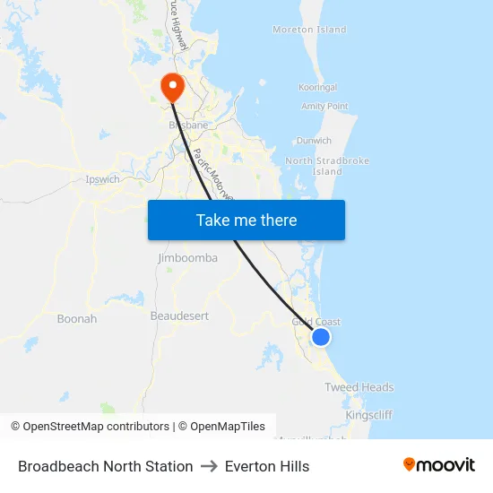 Broadbeach North Station to Everton Hills map