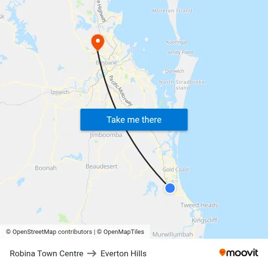 Robina Town Centre to Everton Hills map