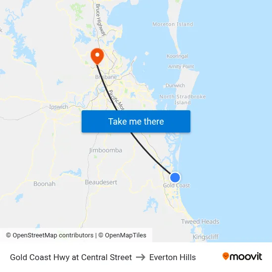 Gold Coast Hwy at Central Street to Everton Hills map