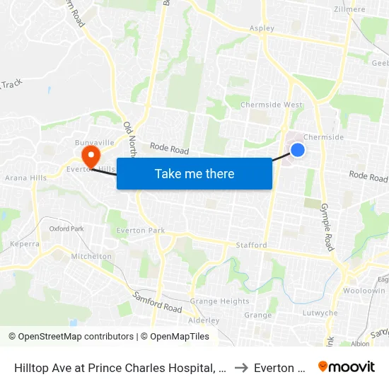 Hilltop Ave at Prince Charles Hospital, Stop 35 to Everton Hills map