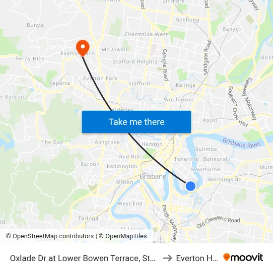 Oxlade Dr at Lower Bowen Terrace, Stop 19 to Everton Hills map