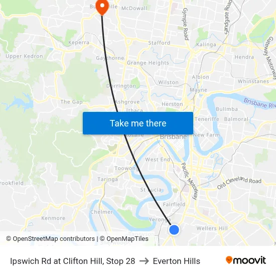 Ipswich Rd at Clifton Hill, Stop 28 to Everton Hills map