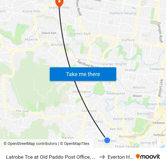 Latrobe Tce at Old Paddo Post Office, Stop 8 to Everton Hills map