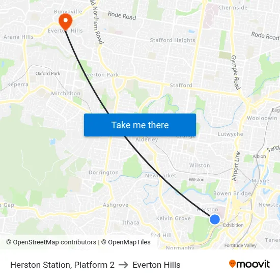 Herston Station, Platform 2 to Everton Hills map