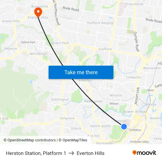 Herston Station, Platform 1 to Everton Hills map
