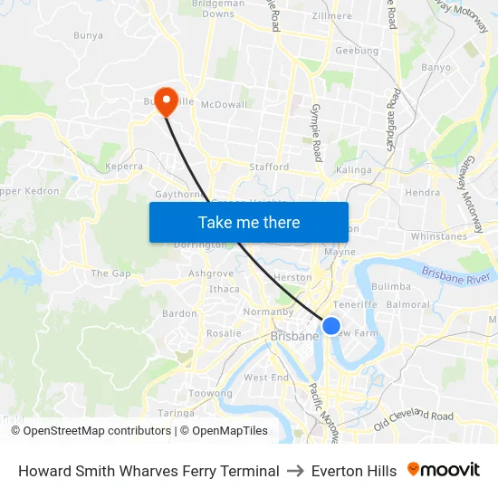 Howard Smith Wharves Ferry Terminal to Everton Hills map