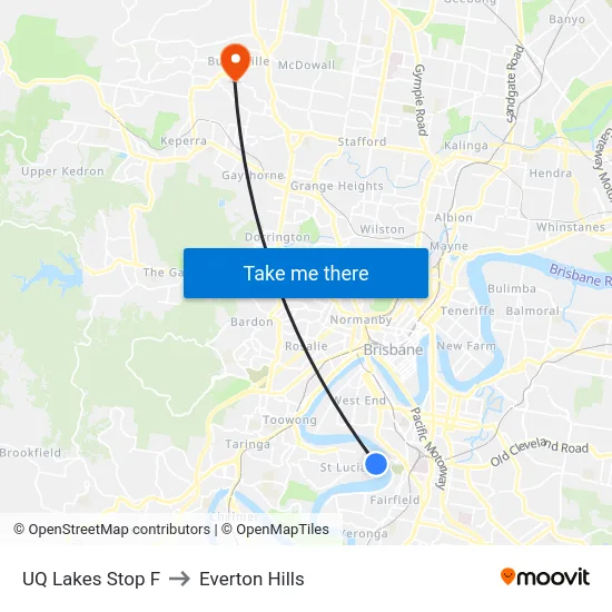UQ Lakes Stop F to Everton Hills map