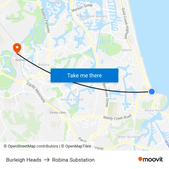 Burleigh Heads to Robina Substation map
